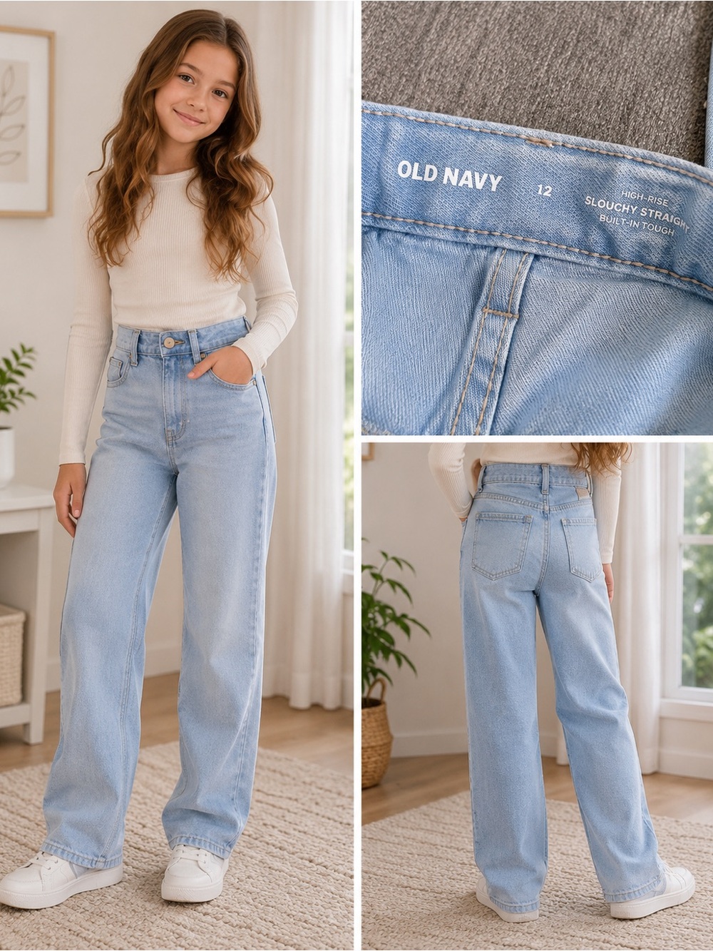 Old Navy Girls High Rise Slouchy Straight Built-In Tough Denim Jeans Size 12